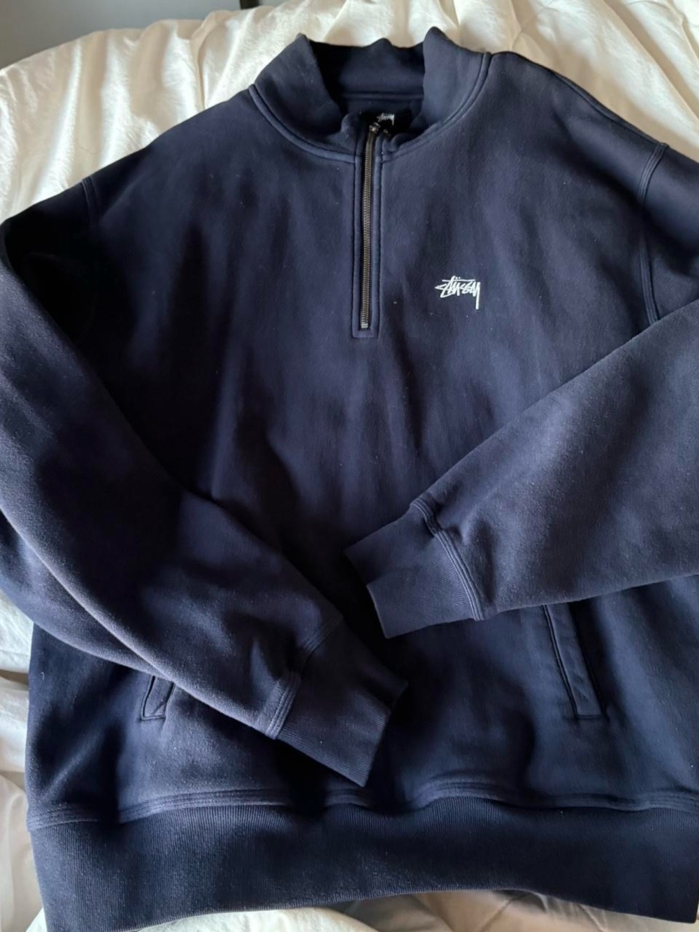 Stussy Navy Half-Zip Pullover with White Logo best fits Large